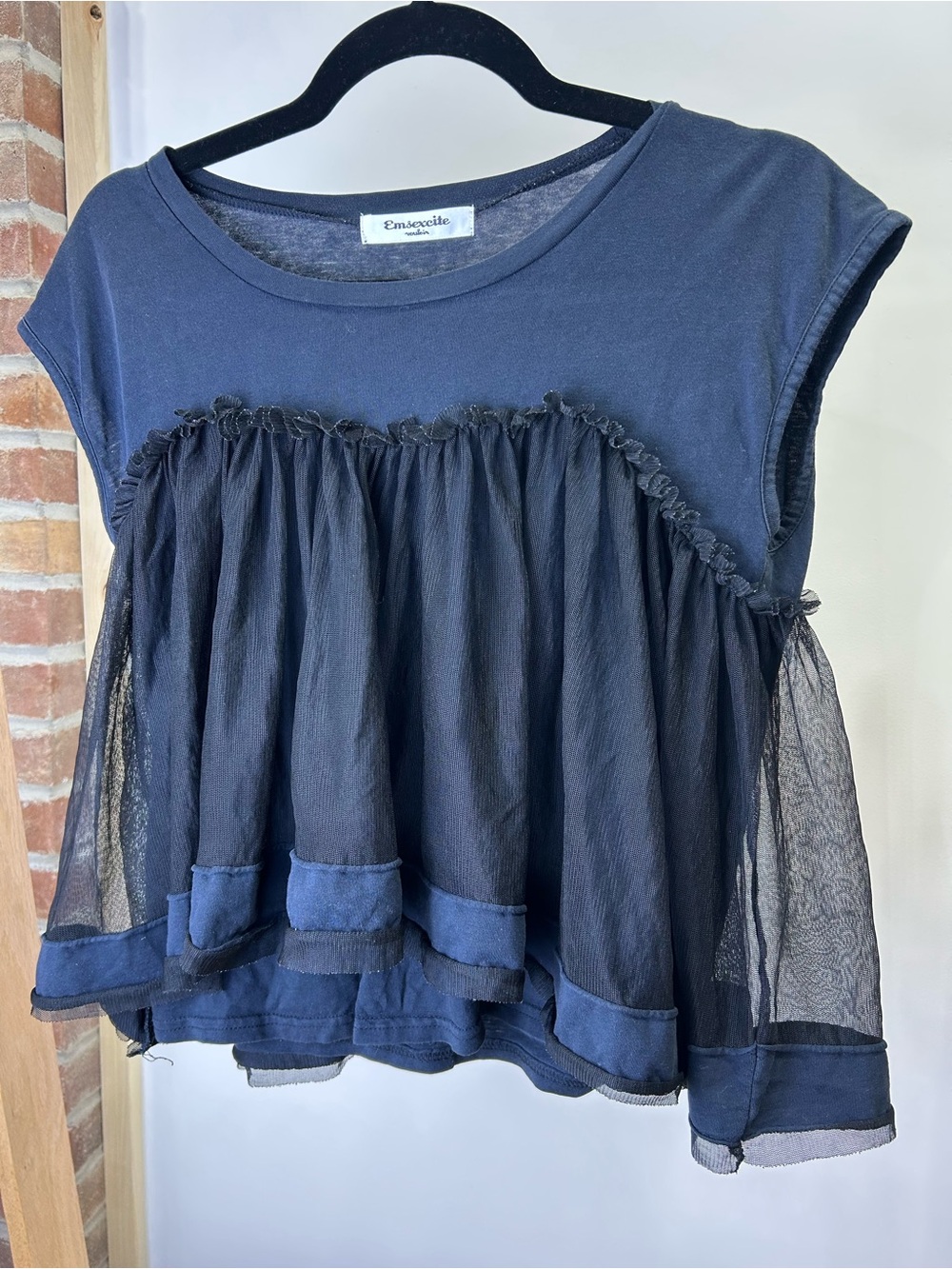 JWomen's Navy Ruffle Mesh Overlay Top